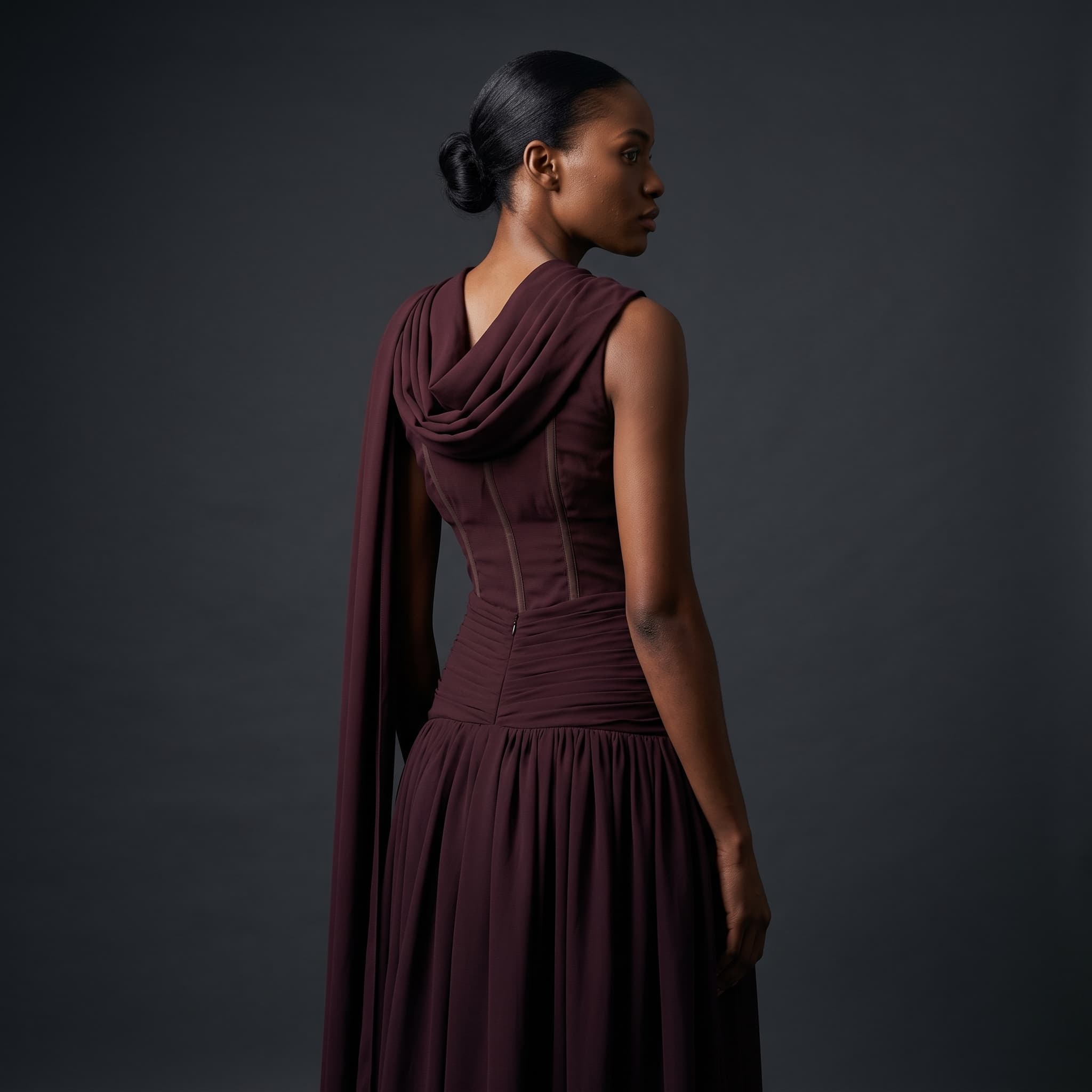 Maroon Cape Evening Gown Detail